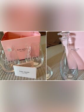 KATE SPADE & Lenox collab Ours Decanter & Stemless His And Hers Wine Glasses NEW